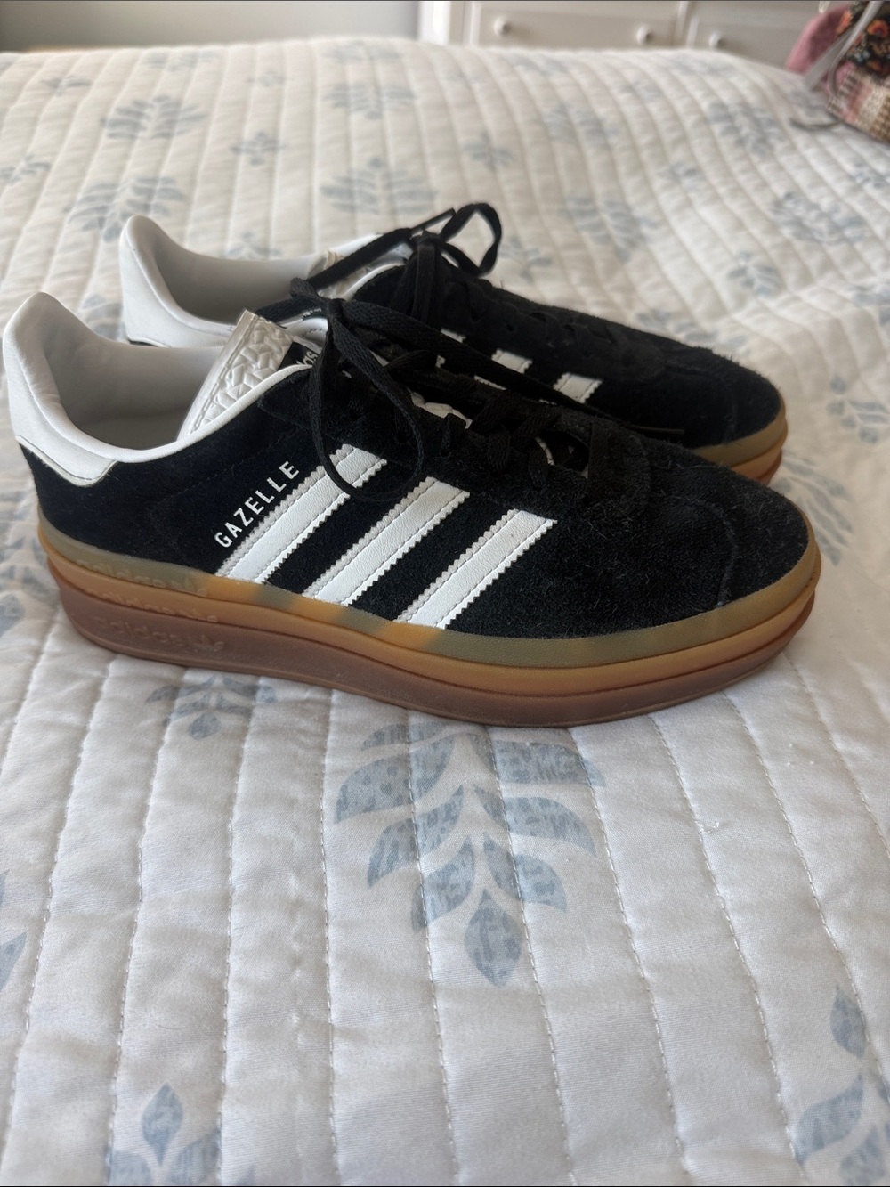 adidas Gazelle Bold Black Suede Sneakers with White Stripes and Gum Sole